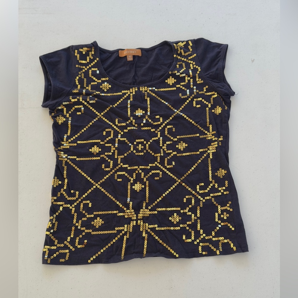 Ellen Tracy Navy Top with Gold Embellishments